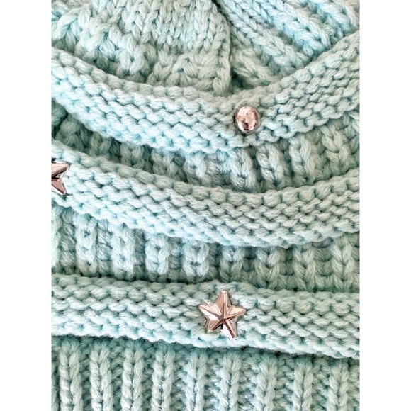 New Adult Size CC Winter Mint Green Preppy Cable Knit Hat Beanie w/ Stars & Dots - Picture 6 of 6